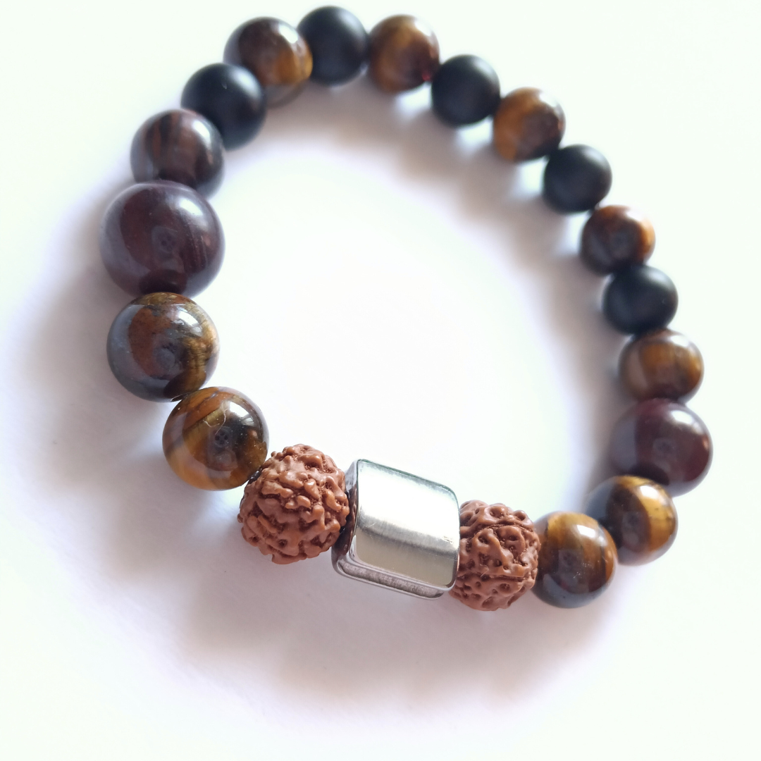 Pulsera Ojo de Tigre y Rudraksha · Carácter y Raíz · Diseño de Autor CSF