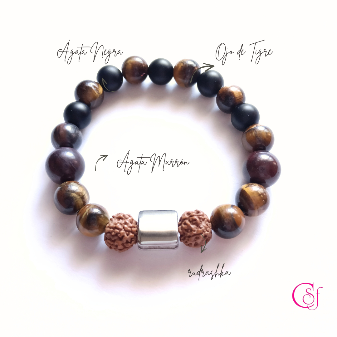Pulsera Ojo de Tigre y Rudraksha · Carácter y Raíz · Diseño de Autor CSF