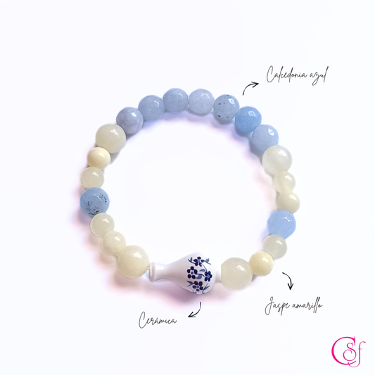 Pulsera Amalfi · Vasija de Cerámica, Calcedonia Azul y Jaspe Amarillo · Diseño CSF mod 5