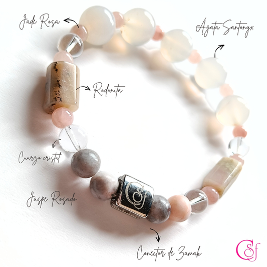 Pulsera Rodonita y Ágata Santonyx con Jade Rosa · Diseño de Autor CSF