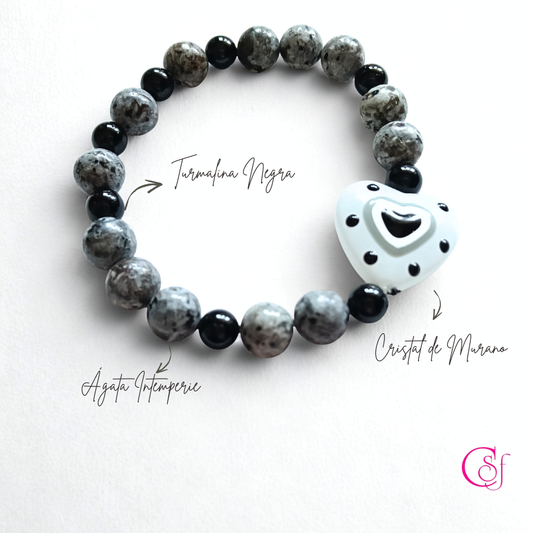 Pulsera CSF – “La Catrina” | Ágata Intemperie, Turmalina & Corazón de Murano Blanco