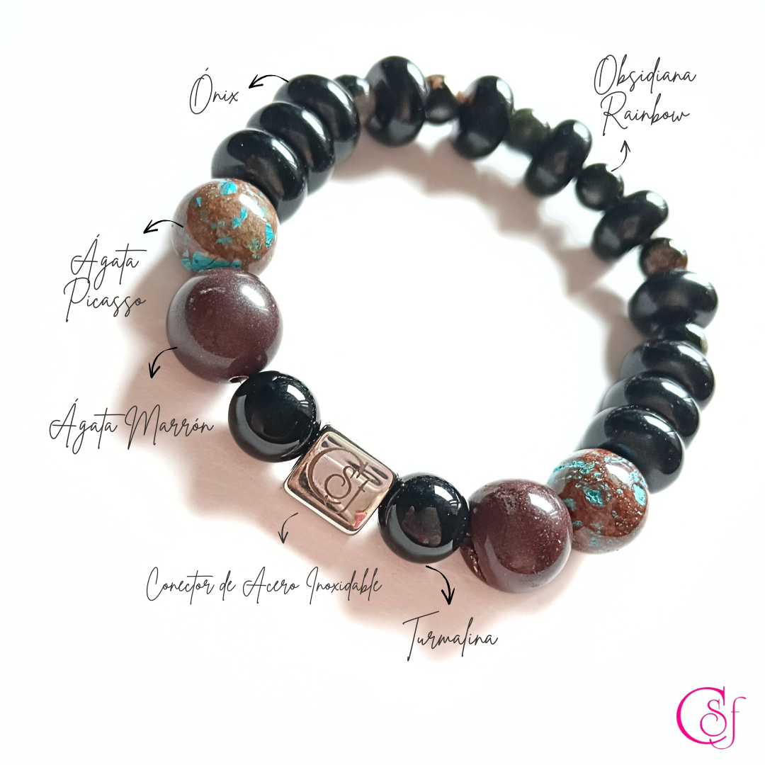 Pulsera Ágata Picasso y Obsidiana Rainbow con Turmalina · Diseño de Autor CSF