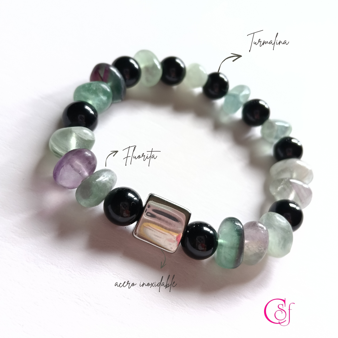 Pulsera Fluorita y Turmalina Negra · Enfoque y Estructura · Diseño de Autor CSF