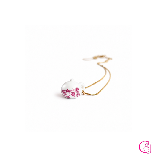 Collar Tea Time KAWAII · Tetera de Cerámica y Jade Rojo · Acero 316L