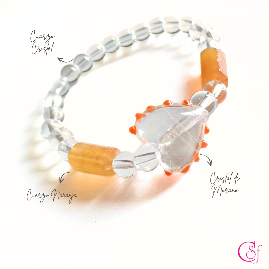 Pulsera Corazón de Luz Vital - cuarzo cristal de 6mm, conector de cristal de murano de corazón, cuarzo naranja