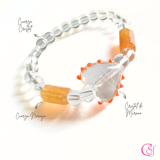 Pulsera Corazón de Luz Vital - cuarzo cristal de 6mm, conector de cristal de murano de corazón, cuarzo naranja