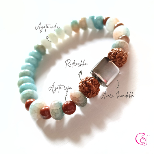 Pulsera de Diseño de Autor CSF – Ágata India, Ágata Roja y Rudraksha