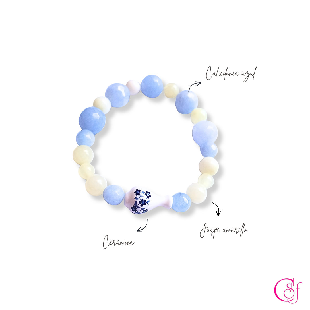 Pulsera Amalfi · Vasija de Cerámica, Calcedonia Azul y Jaspe Amarillo · Diseño CSF mod 2