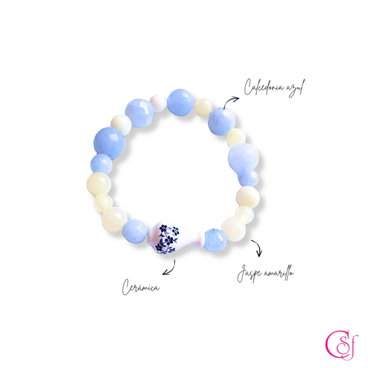 Pulsera Amalfi · Vasija de Cerámica, Calcedonia Azul y Jaspe Amarillo · Diseño CSF mod 2