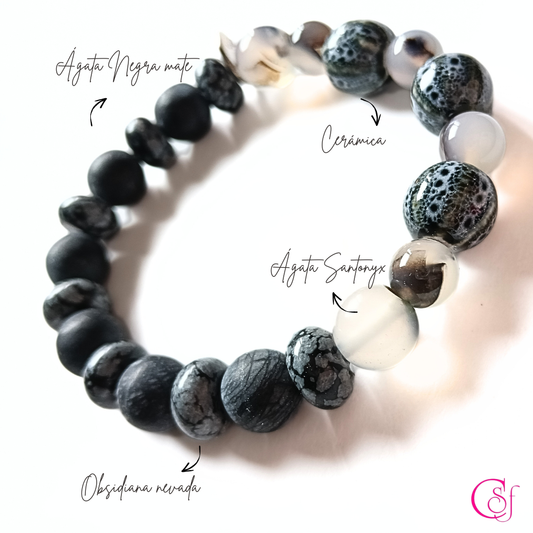 Pulsera Santonyx & Obsidiana Nevada con ágata Mate · Diseño de Autor CSF