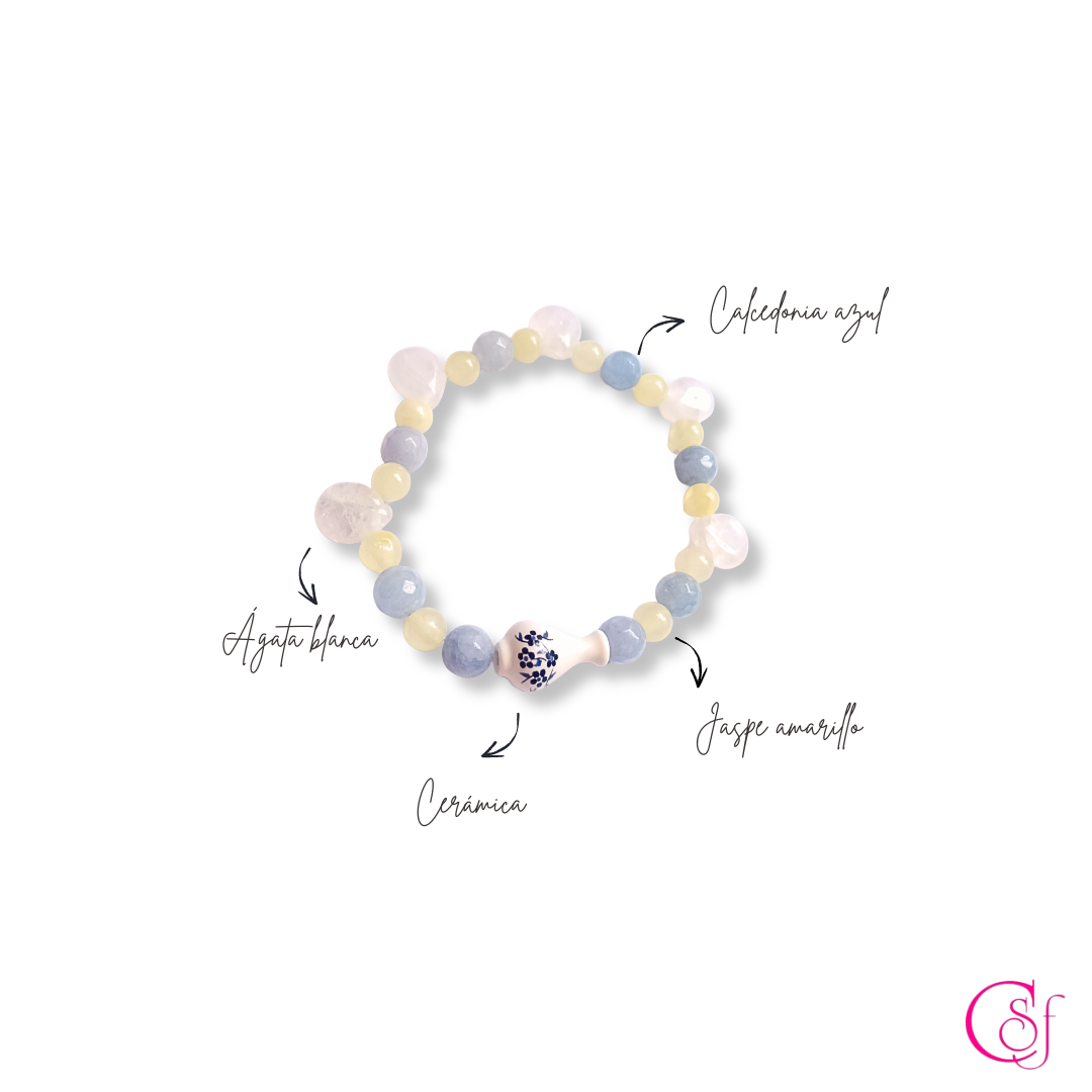 Pulsera Amalfi · Vasija de Cerámica, Calcedonia Azul y Ágata Blanca · Diseño CSF