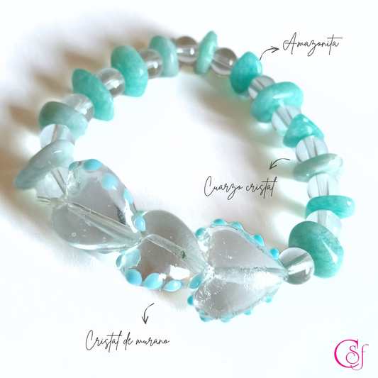 Pulsera Amazonita y Cuarzo Cristal - Pulsera Triple Corazón de Luz
