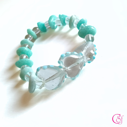 Pulsera Amazonita y Cuarzo Cristal - Pulsera Triple Corazón de Luz