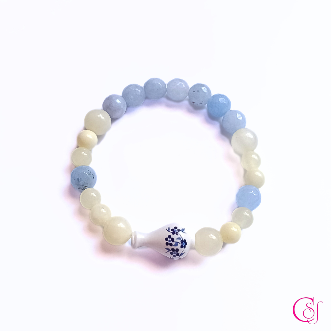 Pulsera Amalfi · Vasija de Cerámica, Calcedonia Azul y Jaspe Amarillo · Diseño CSF mod 5