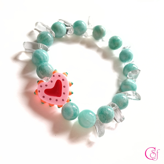Pulsera Amazonita y Cuarzo Cristal - Pulsera Corazón Alegre