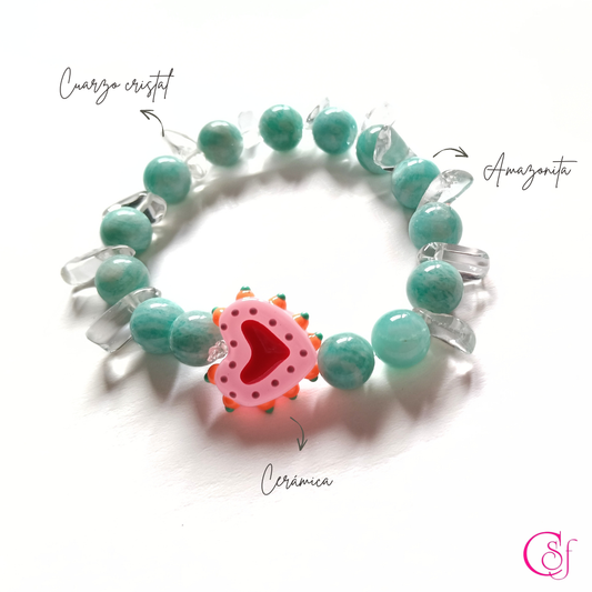 Pulsera Amazonita y Cuarzo Cristal - Pulsera Corazón Alegre