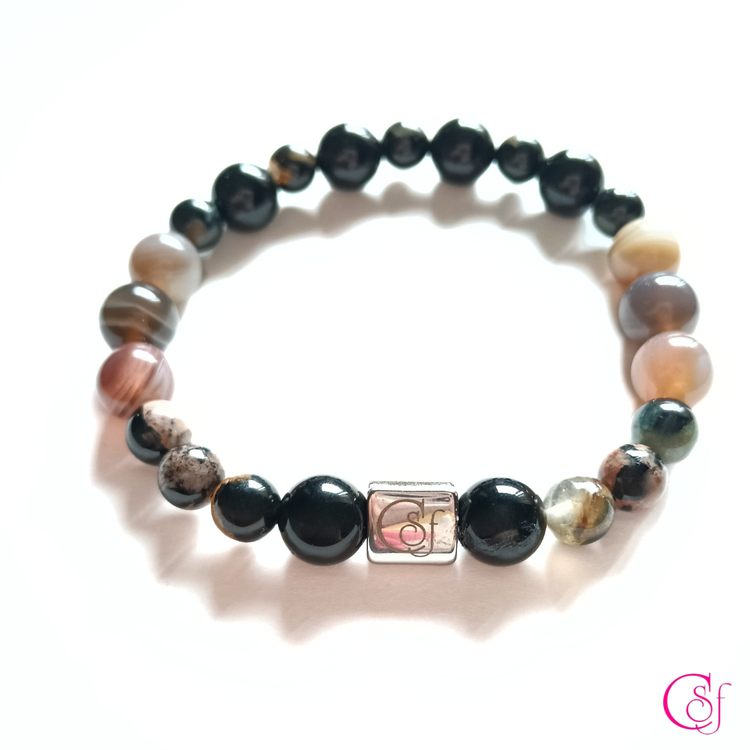 Pulsera Obsidiana Rainbow y Turmalina con Ágata Caramelo · Diseño de Autor CSF