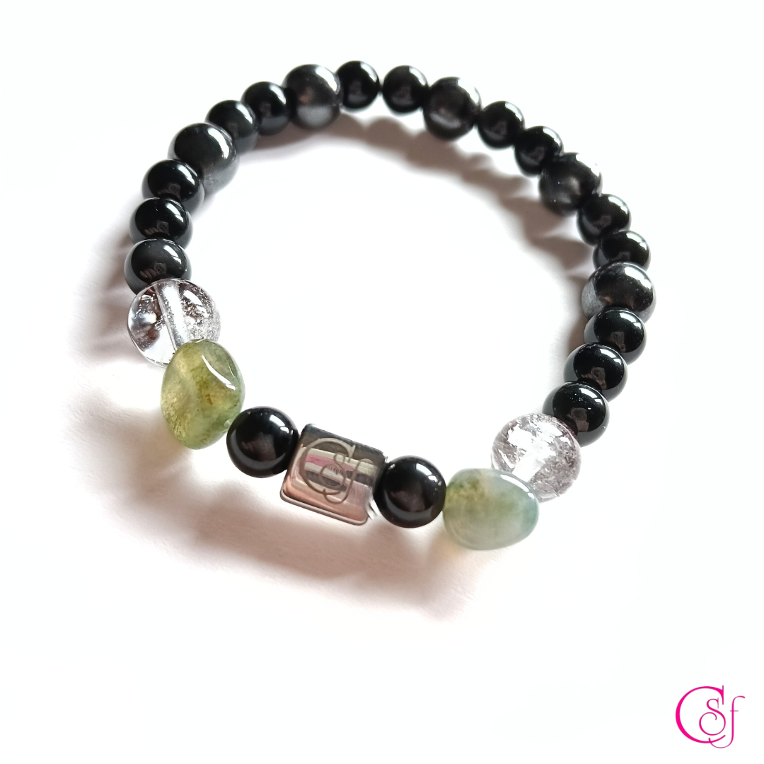 Pulsera Jade Verde y Turmalina Negra con Cuarzo Cristal · Diseño de Autor CSF