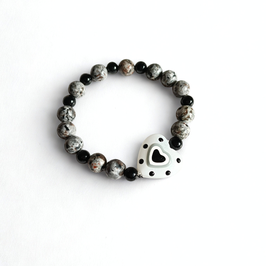 Pulsera CSF – “La Catrina” | Ágata Intemperie, Turmalina & Corazón de Murano Blanco