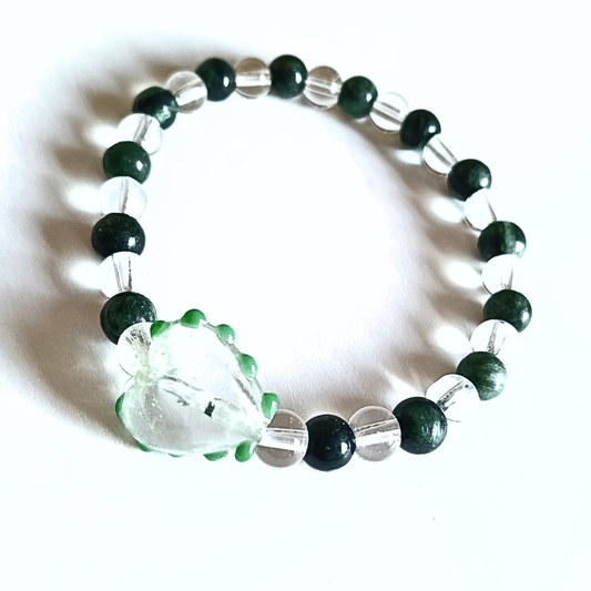 Pulsera Exclusiva CSF – Esmeraldas & Cuarzo Cristal | Corazón de Murano Transparente