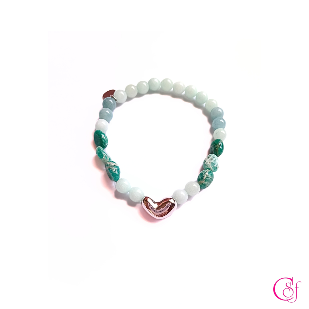 Pulsera Amazonita y Aguamarina con Corazón · Diseño de Autor CSF