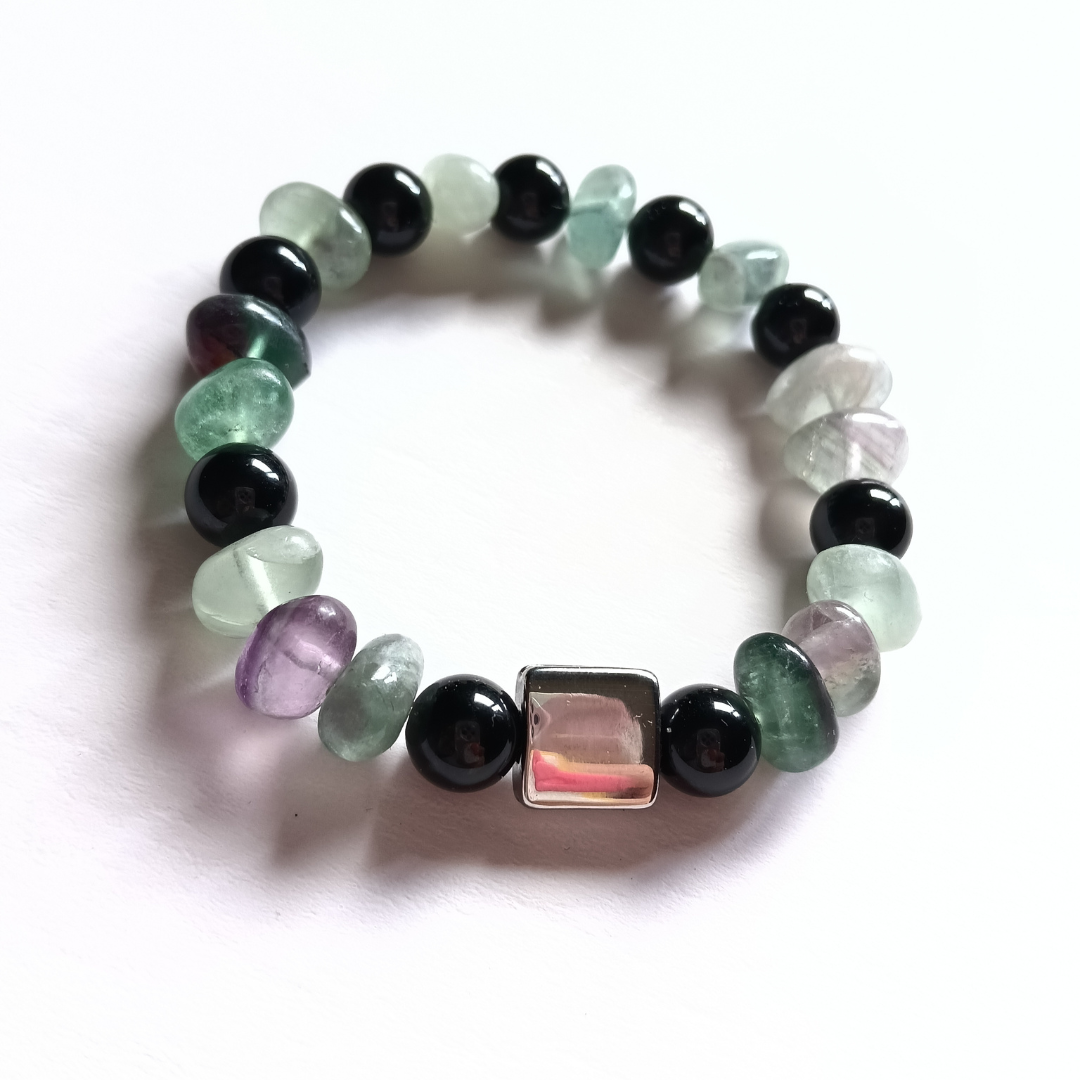 Pulsera Fluorita y Turmalina Negra · Enfoque y Estructura · Diseño de Autor CSF