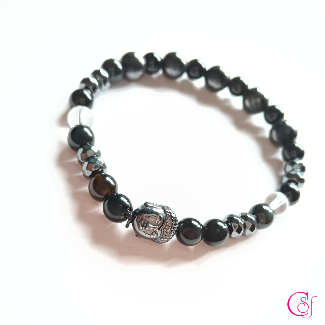 Pulsera Hematita y Turmalina con Cabeza de Buddha · Diseño de Autor CSF