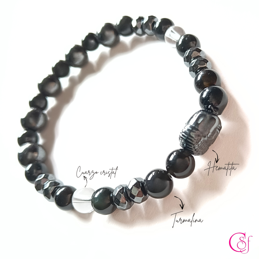 Pulsera Hematita y Turmalina con Cabeza de Buddha · Diseño de Autor CSF