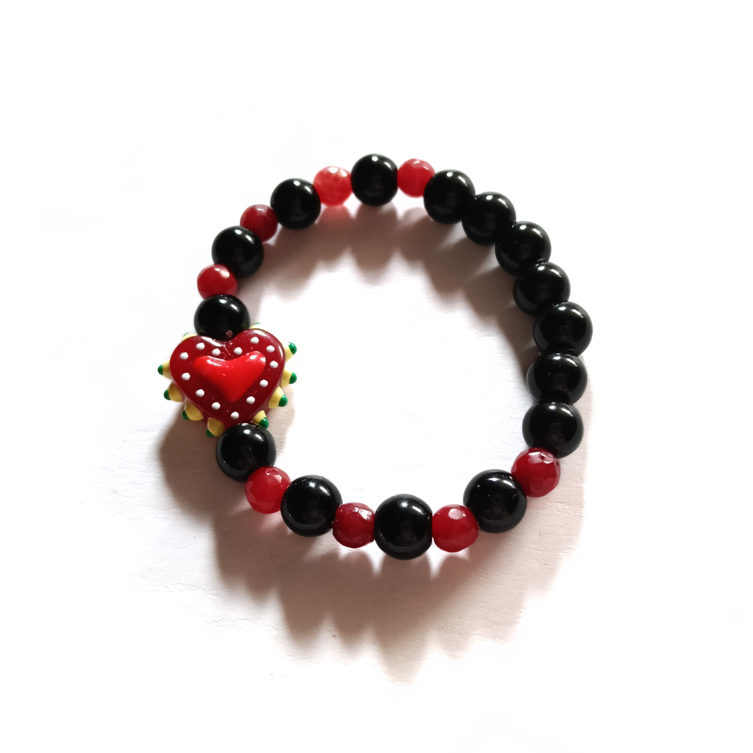 Pulsera Corazón Valiente - Onix , Jaspe Rojo