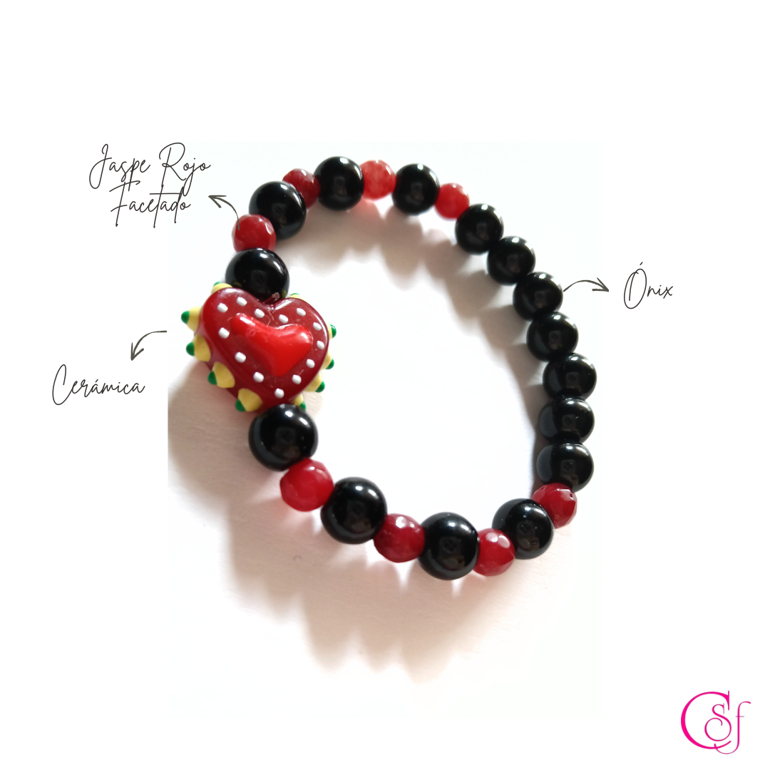 Pulsera Corazón Valiente - Onix , Jaspe Rojo