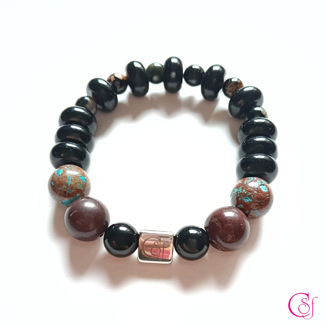 Pulsera Ágata Picasso y Obsidiana Rainbow con Turmalina · Diseño de Autor CSF