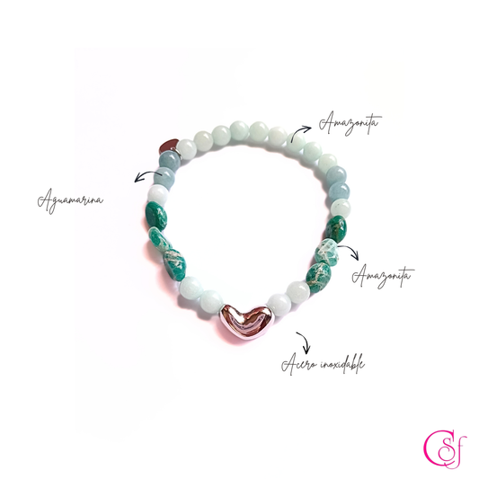 Pulsera Amazonita y Aguamarina con Corazón · Diseño de Autor CSF