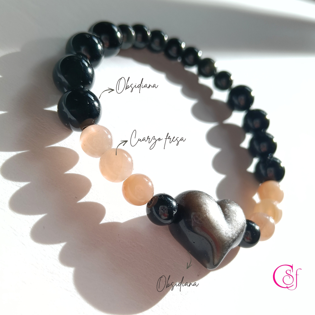 Pulsera Trend Magic CSF – Obsidiana Negra y Cuarzo Fresa | Protección con Amor