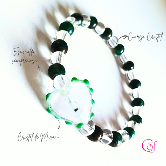 Pulsera Exclusiva CSF – Esmeraldas & Cuarzo Cristal | Corazón de Murano Transparente