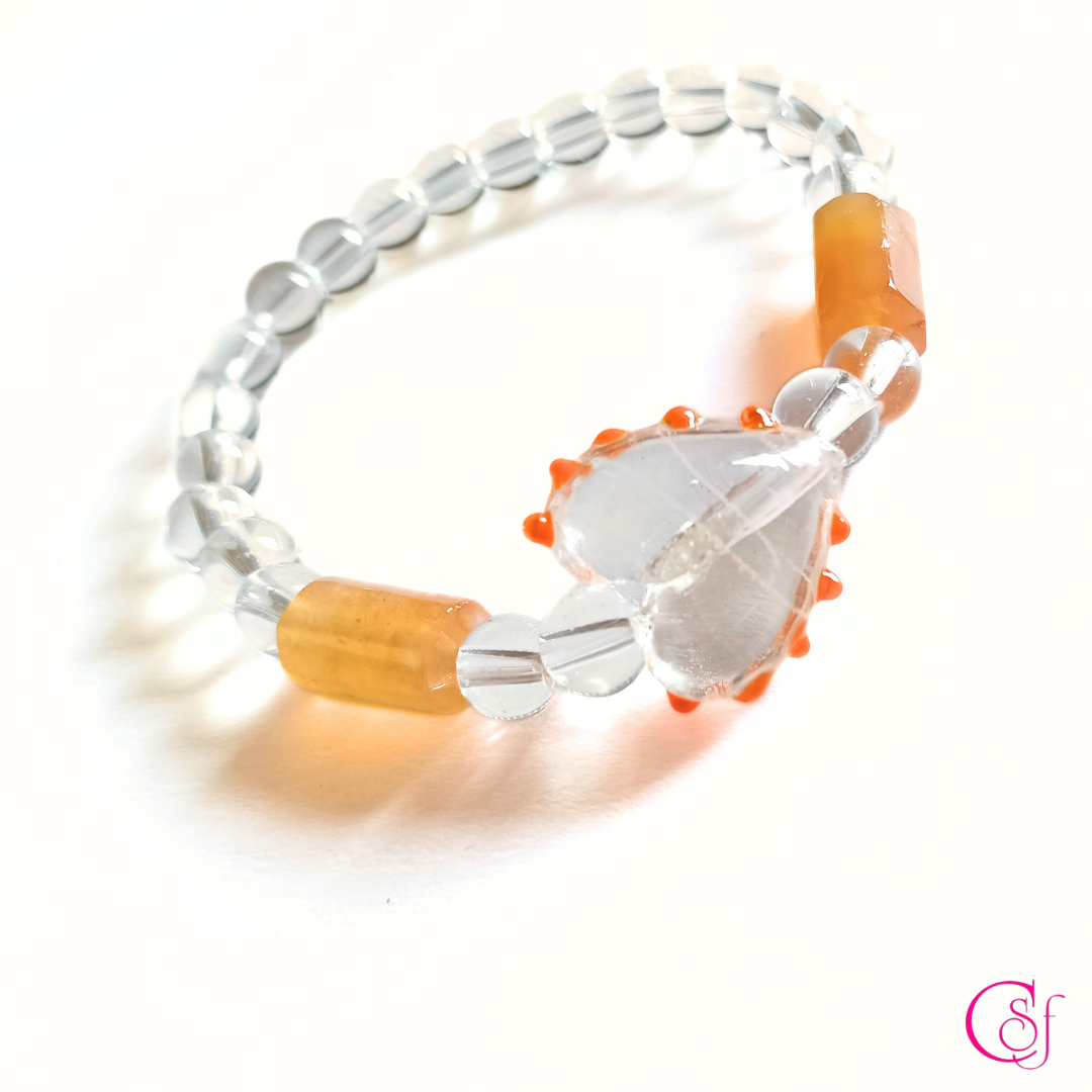Pulsera Corazón de Luz Vital - cuarzo cristal de 6mm, conector de cristal de murano de corazón, cuarzo naranja