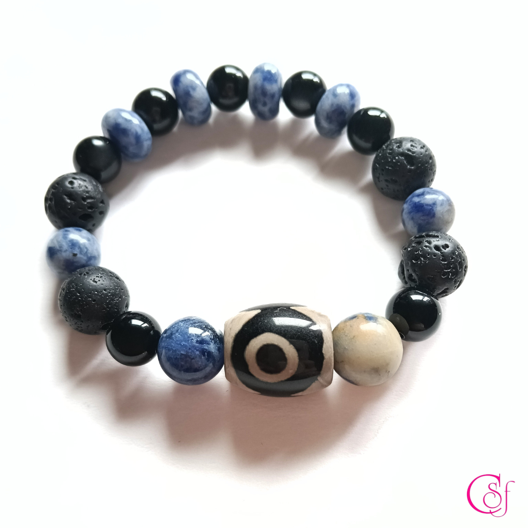 Pulsera Dzi Azul Profundo · Protección y Claridad Mental · Diseño de Autor CSF