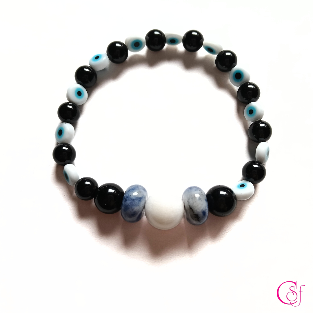 Pulsera Ojo Protector Azul · Ónix Blanco y Sodalita · Diseño de Autor CSF