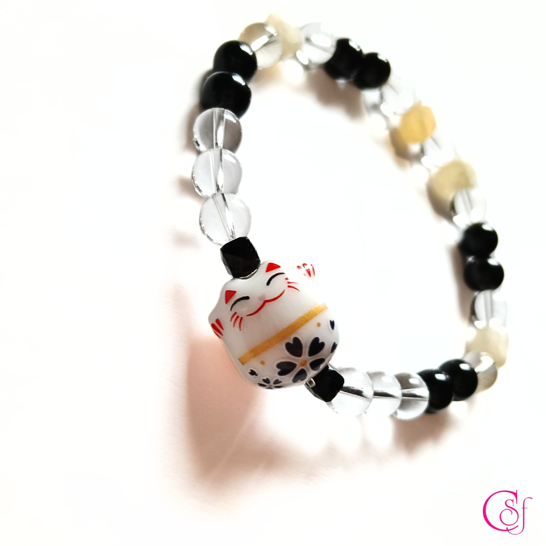 Pulsera Maneki Neko Blanco · Fortuna Integral · Diseño de Autor CSF - Jadeina Amarilla