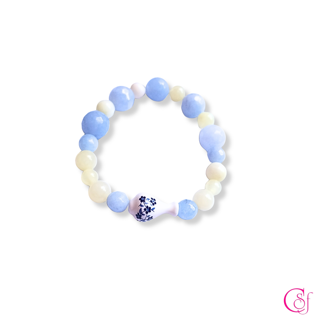 Pulsera Amalfi · Vasija de Cerámica, Calcedonia Azul y Jaspe Amarillo · Diseño CSF mod 2