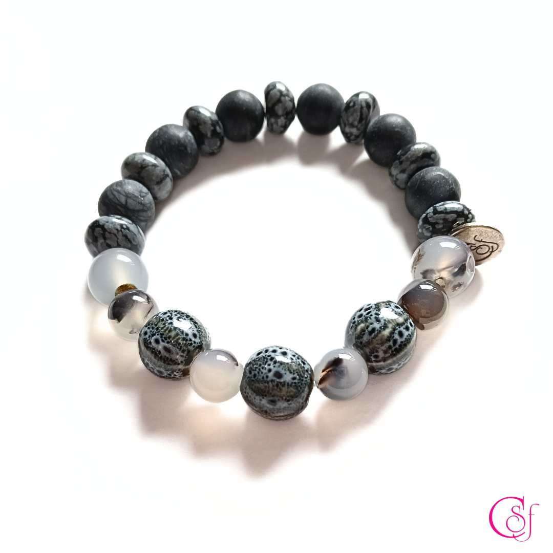 Pulsera Santonyx & Obsidiana Nevada con ágata Mate · Diseño de Autor CSF