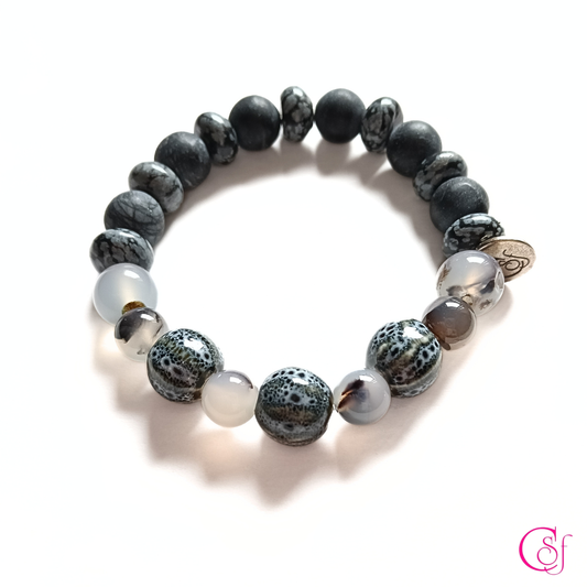 Pulsera Santonyx & Obsidiana Nevada con ágata Mate · Diseño de Autor CSF