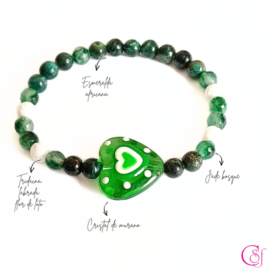 Pulsera Green Heart · Esmeralda Africana, Jade Bosque y Cristal de Murano · CSF