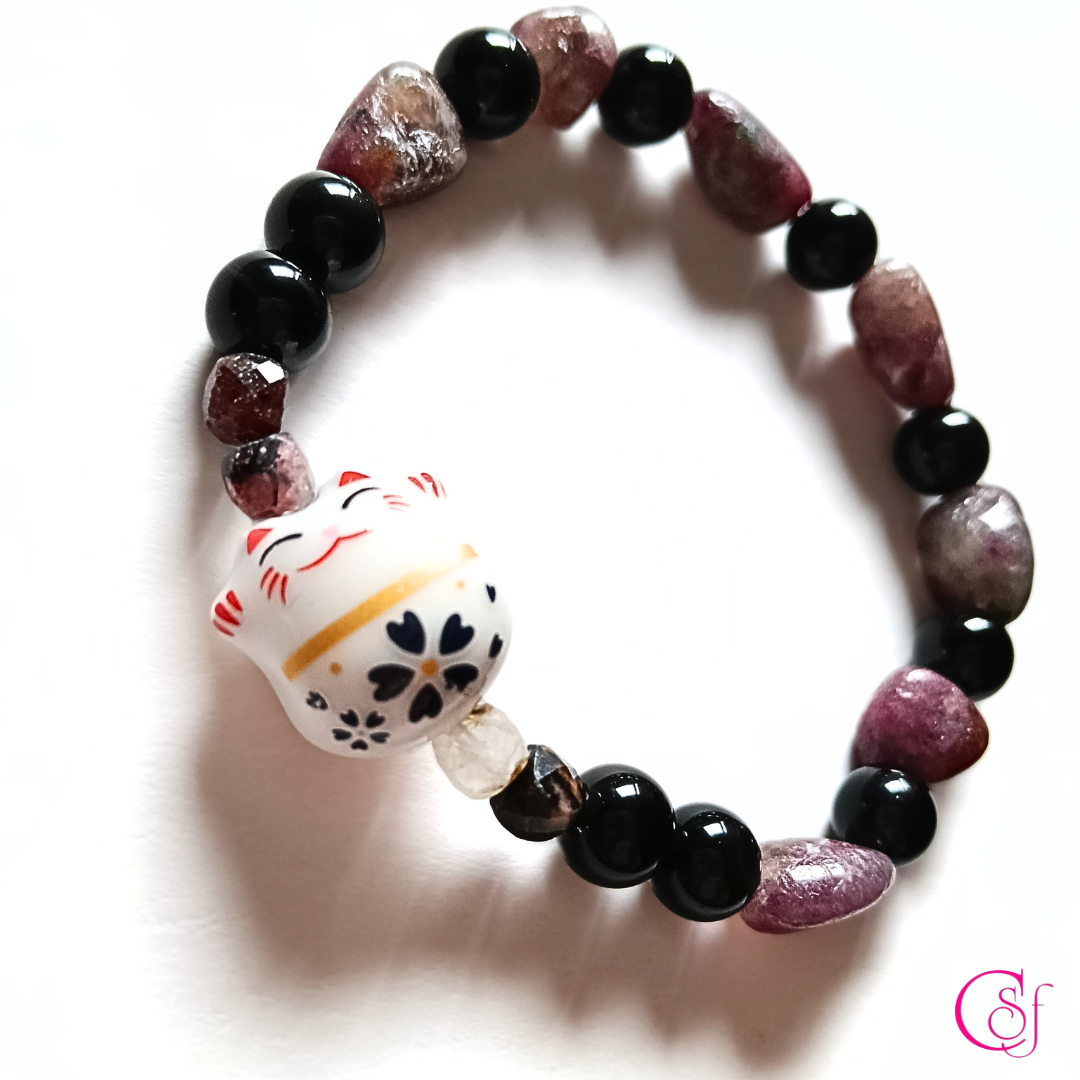 Pulsera Maneki Neko Blanco · Fortuna Serena · Lepidolita y Rodocrosita · Diseño de Autor CSF