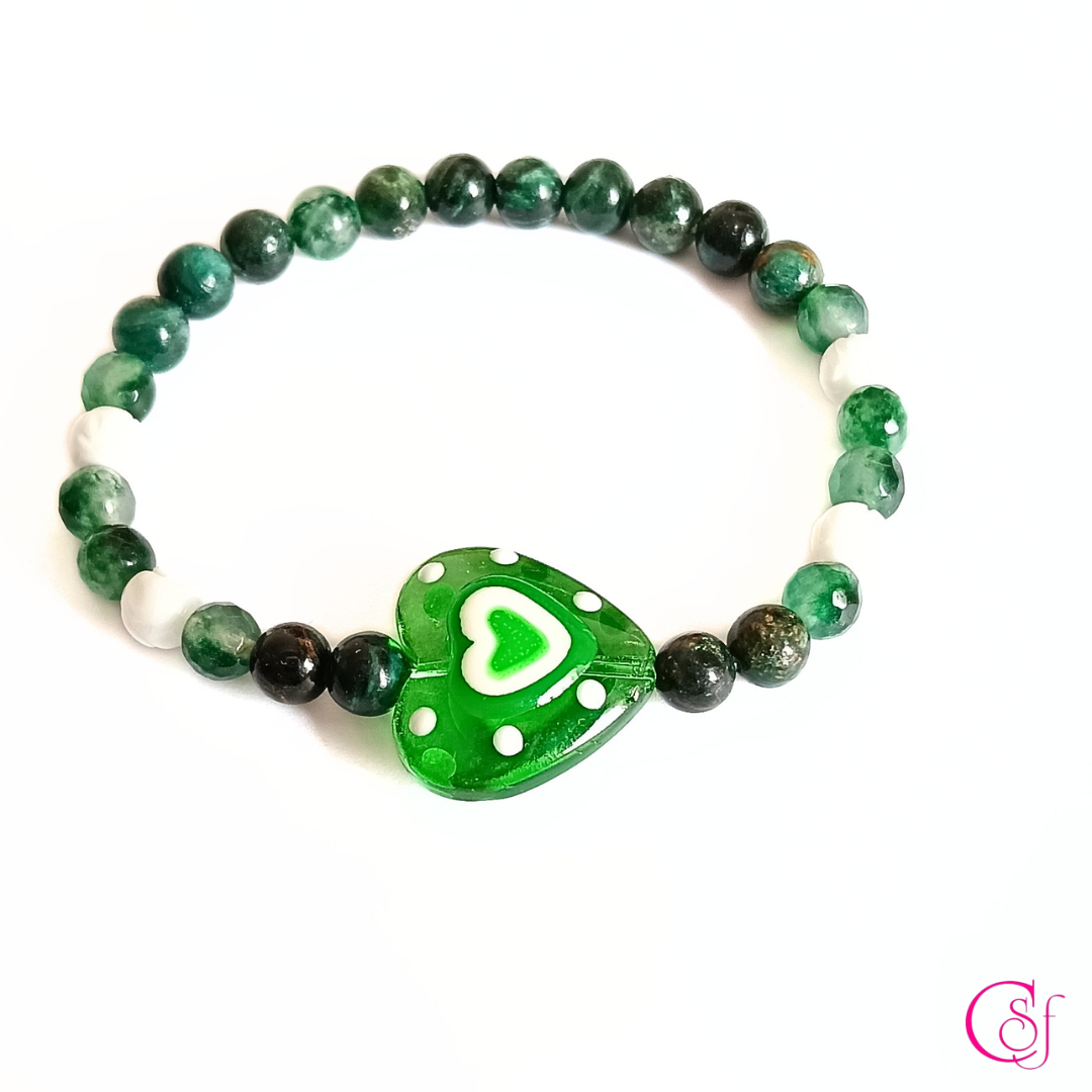 Pulsera Green Heart · Esmeralda Africana, Jade Bosque y Cristal de Murano · CSF
