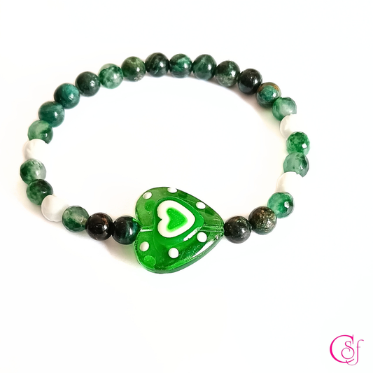 Pulsera Green Heart · Esmeralda Africana, Jade Bosque y Cristal de Murano · CSF