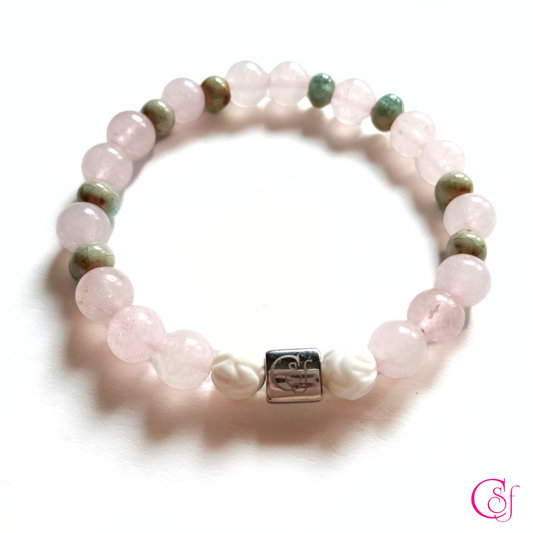 Pulsera de Pureza y Armonía · Cuarzo Rosa de Madagascar y Tridacna · Diseño de Autor CSF