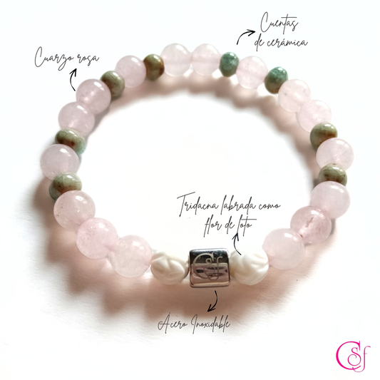 Pulsera de Pureza y Armonía · Cuarzo Rosa de Madagascar y Tridacna · Diseño de Autor CSF