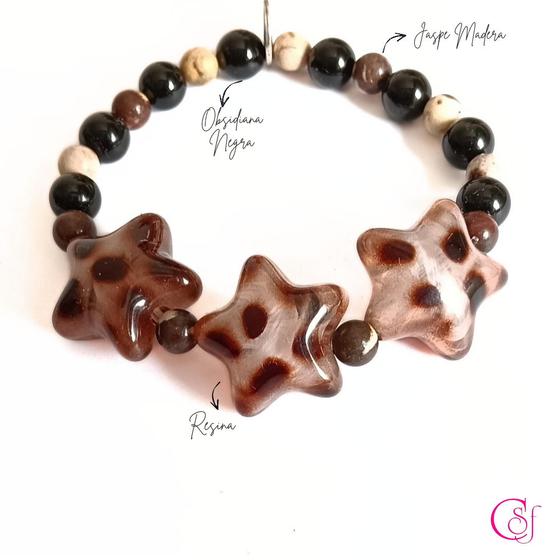 Pulsera Triple Star Leopardo  · Obsidiana Negra, Jaspe Madera y Resina · Trend Magic CSF