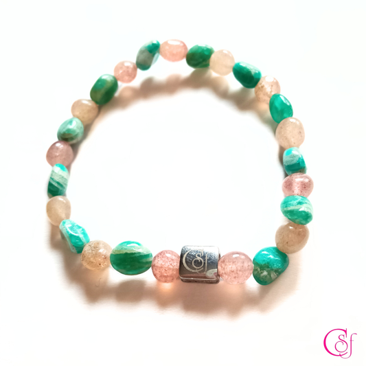 Pulsera de Magnetismo Natural · Cuarzo Fresa y Amazonita · Diseño de Autor CSF