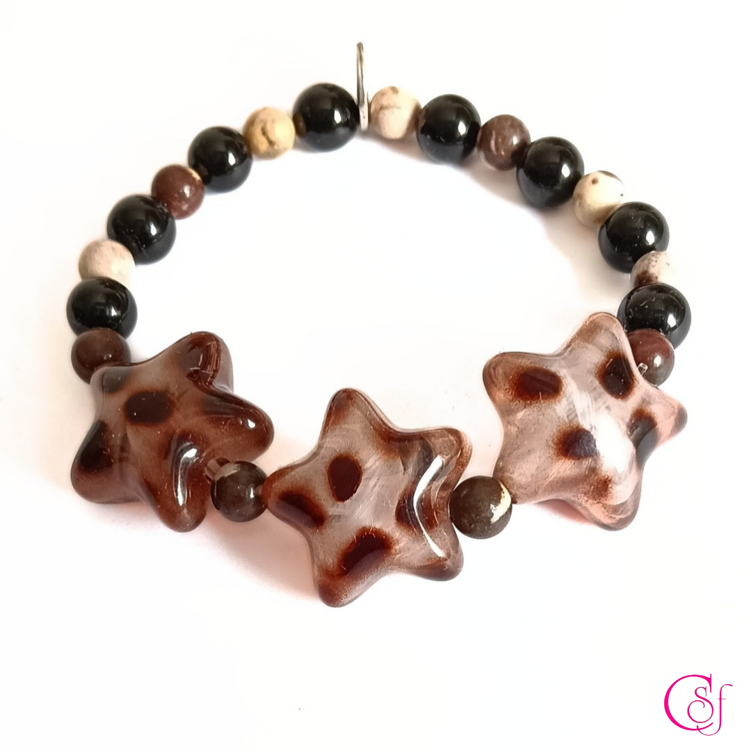 Pulsera Triple Star Leopardo  · Obsidiana Negra, Jaspe Madera y Resina · Trend Magic CSF